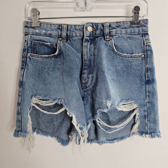 Zara High Waist Medium Wash Extreme Distressing Raw Hem Denim Jean Shorts 4 - Picture 1 of 7